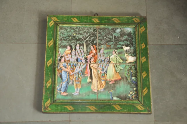 Vintage Lord Krishna Raas Leela Embossed Wooden Framed Ceramic Tiles, Japan