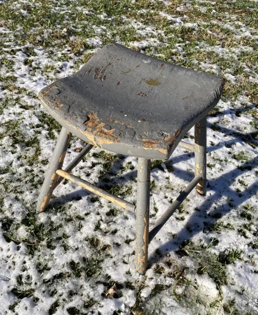 Shabby Chic Antique Grey White Chippy Paint Wood Chair Stool Farm Old Rustic 2