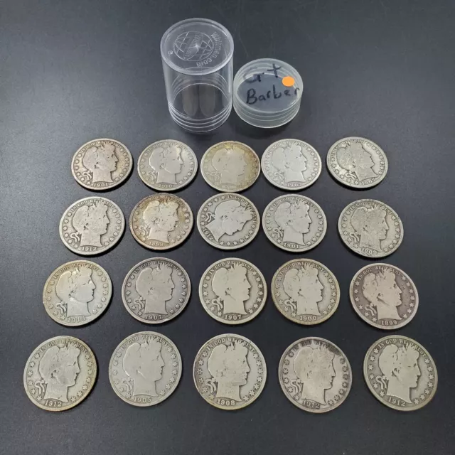 Barber Half Dollars 90% Silver Coin Roll $10 FV G+ Good Better 20 Coins FULL Rim