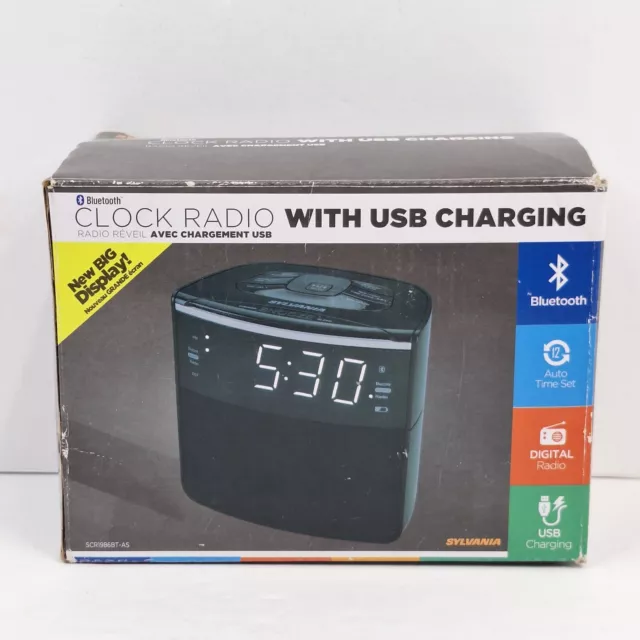 Bluetooth Clock Radio Auto Set Dual Alarm USB Charging SYLVANIA SCR1986BT-AS