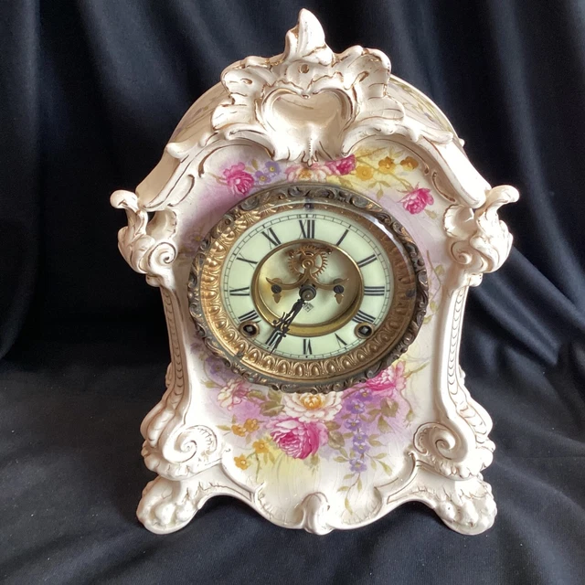 Antique Ansonia La Valette Royal Bonn Porcelain Open Escapement Mantel Clock