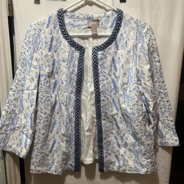 Chico”s Women Blue White Floral Pattern Jacket Size 1