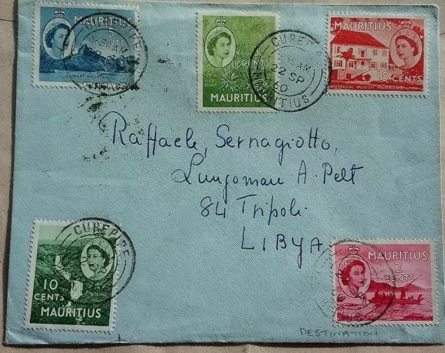 Mauritius 1960 Curepipe Postmark Cover With 5 Stamps To Libya With Arrival Mark