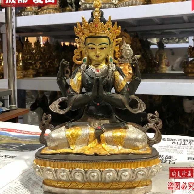 12"/30cm Genuine Bronze Gilt Chenrezig Guanyin 4 arms armed Kwan-yin Statues