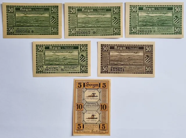 5 Alte Geldscheine, Notgeld aus: HOYM in ANHALT - 5, 10 & 50 Pfennig von 1921