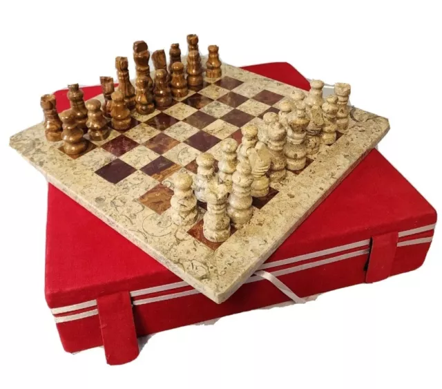 Chess Set Marble Onyx with Velvet Gift Case 12x12 in. Coral/Brown Handmade NEW