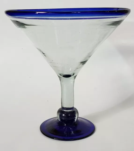 Mexican Recycled Glass 1 EA Clear Cobalt Rim Base Large Cocktail Glass Handblown