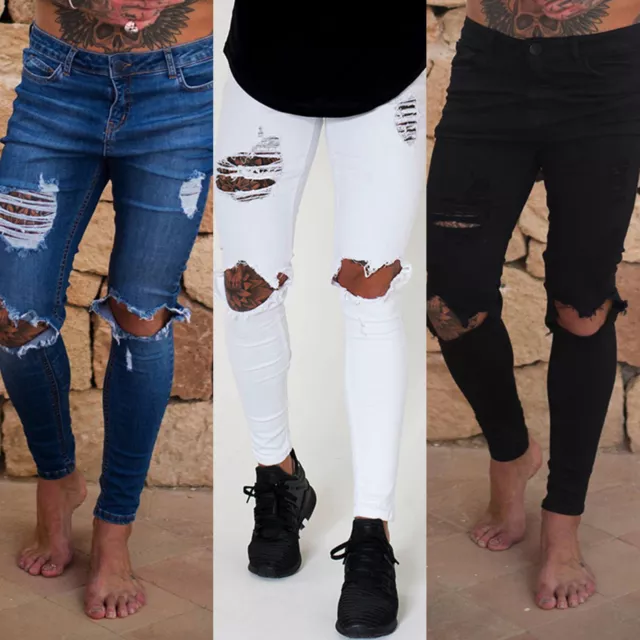 Mens Skinny Ripped Jeans Stretch Distressed Denim Pants Bottoms Slim Trousers
