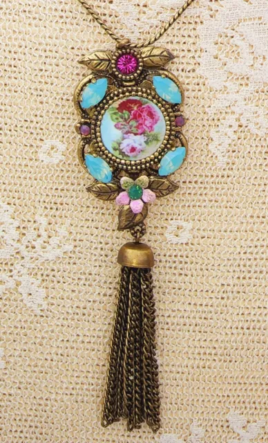 Michal Negrin Victorian Pendant Necklace Flowers Cameo - Retro Crystals & Tassel