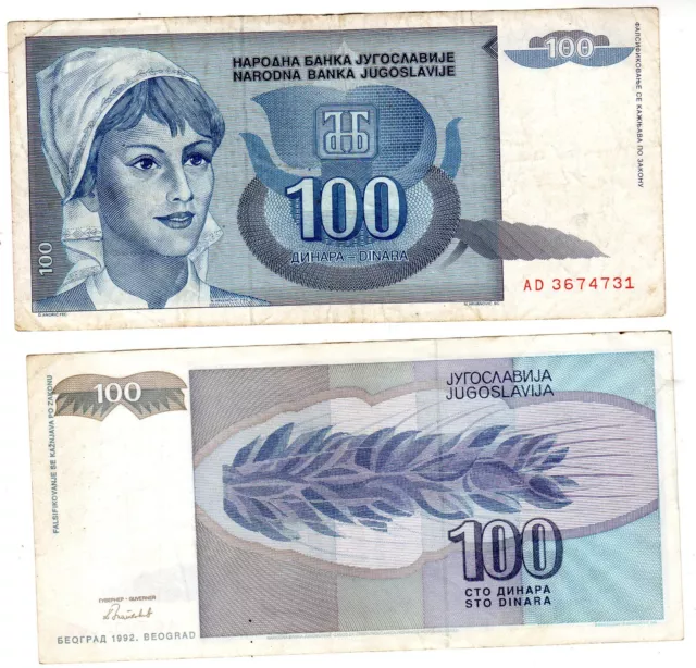 Yougoslavie Yugoslavia BILLET 100 DINARA 1992  P112   BON ETAT