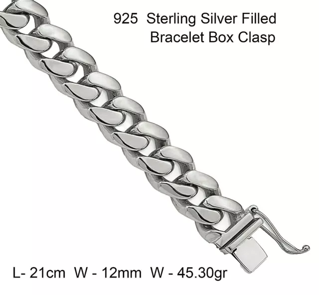 Men's Bracelet Real 925 Sterling Silver Filled Solid Curb Box Clasp 21cm