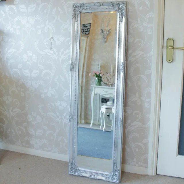 Tall slim silver wall mirror shabby vintage chic French ornate bedroom hallway 2
