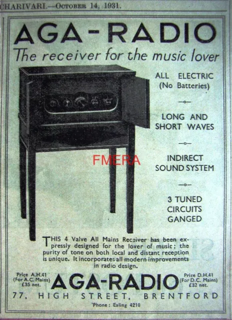 Art Deco AGA-RADIO All Electric Wireless Radio Advert : Small 1931 Print AD
