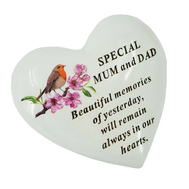 Special Mum and Dad Robin Memorial Heart Graveside Plaque Ornament Grave Decorat