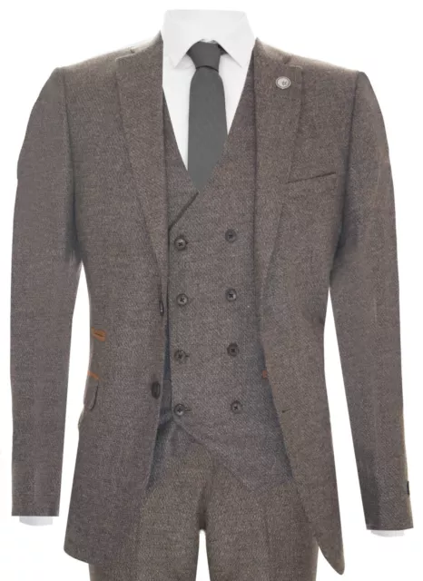Mens Oak Brown Wool 3 Piece Suit Double Breasted Waistcoat Peaky Blinders 1920s