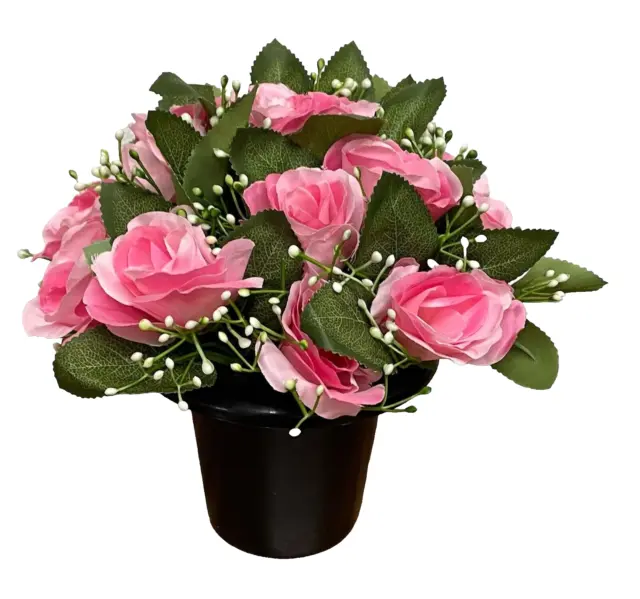 Artificial flowers Memorial Grave Pot. Pink Roses with Gyp 016