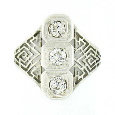 Antique Art Deco 14k Gold Old European Diamond Open Filigree Three 3 Stone Ring