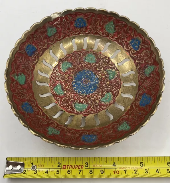 Vintage Enesco Solid Brass Enameled Bowl With Floral Design, Made In India