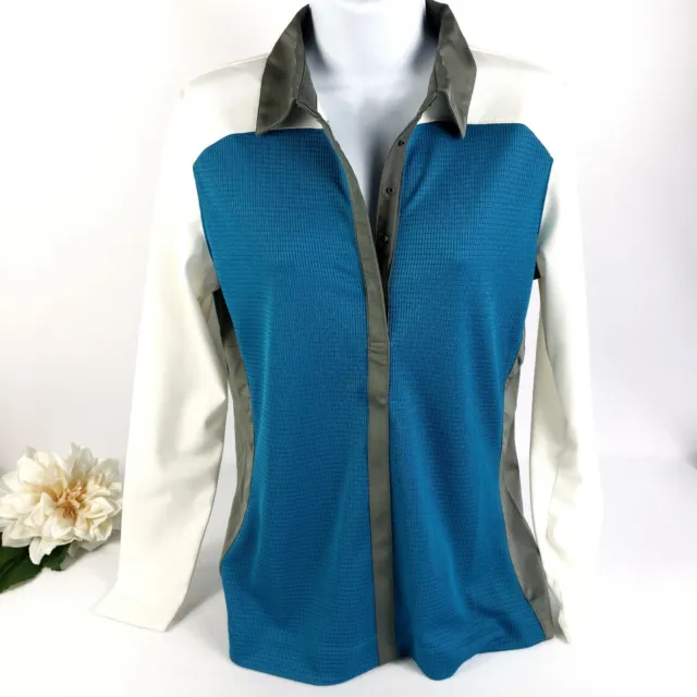 Calloway Woman's Long Sleeve Golf Activewear Quality Top Small Teal Cream Gray