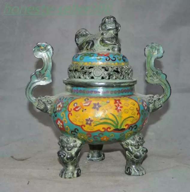 10.4'' Marked Chinese bronze Cloisonne lion foo dog statue incense burner censer