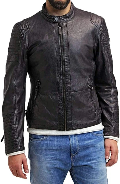 Men's Pure Black Authentic Lambskin Biker Leather Jacket Stitch Designer Zipper