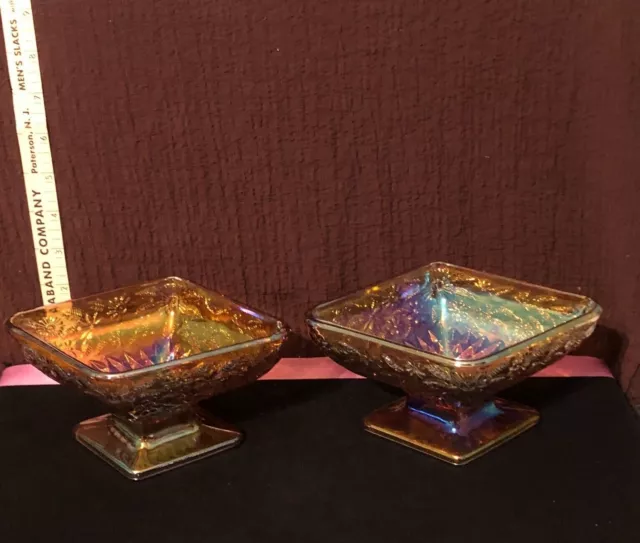 2 Indiana Carnival Iridescent Amber Glass Diamond Shaped Footed Candy Dish     j