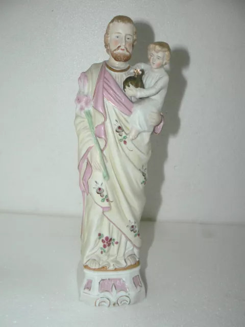 Ancien Grand Biscuit Religieux Joseph Et Jésus Polychrome Vintage Ceramique Xx