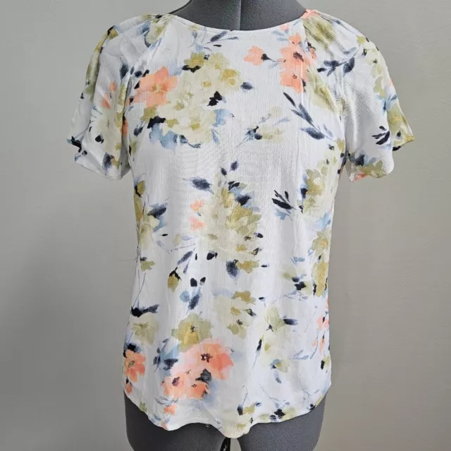 Papermoon Stitch Fix Floral Short Sleeve Blouse Keyhole White Women's XS Petite