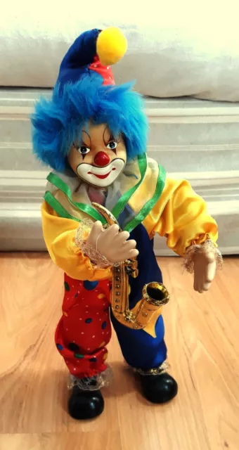 Clown Musicien Tres Souriant -Tete Mains Porcelaine- Structure Rigide & Feutrine