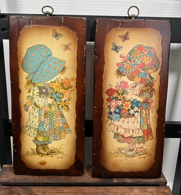 Vtg Holly Hobbie Decoupage Pair: Large & Thick Solid Wood, Finely Made, Perfect!