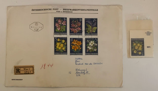 Österreich 1966 Alpenblumen Ersttag Beleg 24,5x17,5 cm + 6 postfrische mit Rand