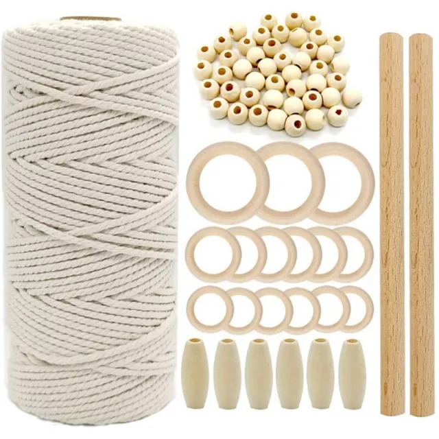 1Set Macrame Cord Cotton Rope With Wood Ring Wooden Beads For DIY Wall Hangin~ba