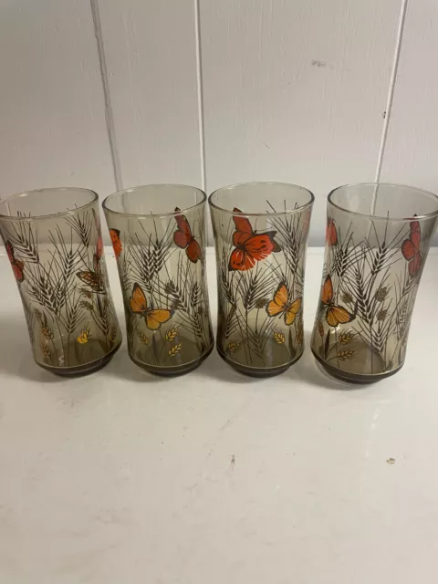 Set of 4- Vintage Libby Drinking Glasses Monarch Butterfly Wheat Amber Glass