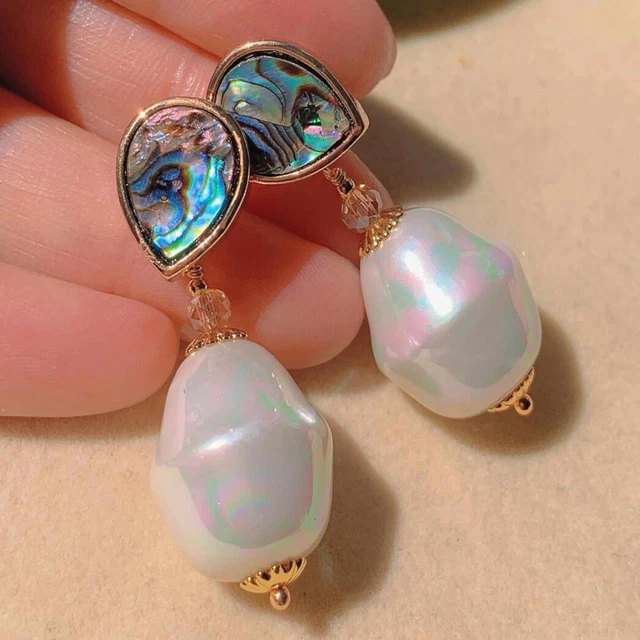 Fashion white Irregular pearl teardrop Abalone shell gold ear stud Holiday gifts