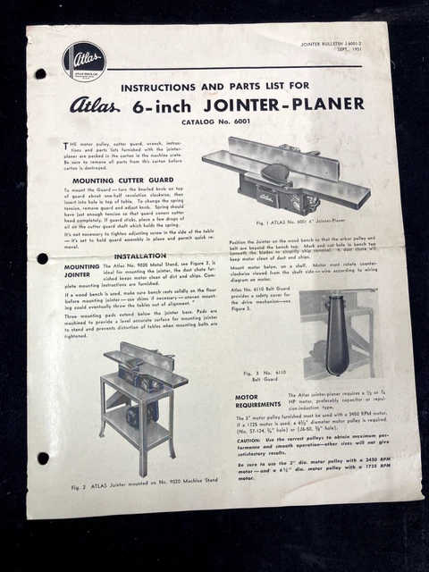 1951 Atlas 6" Jointer-Planer No.6001 Original Owner's Manual & Parts List