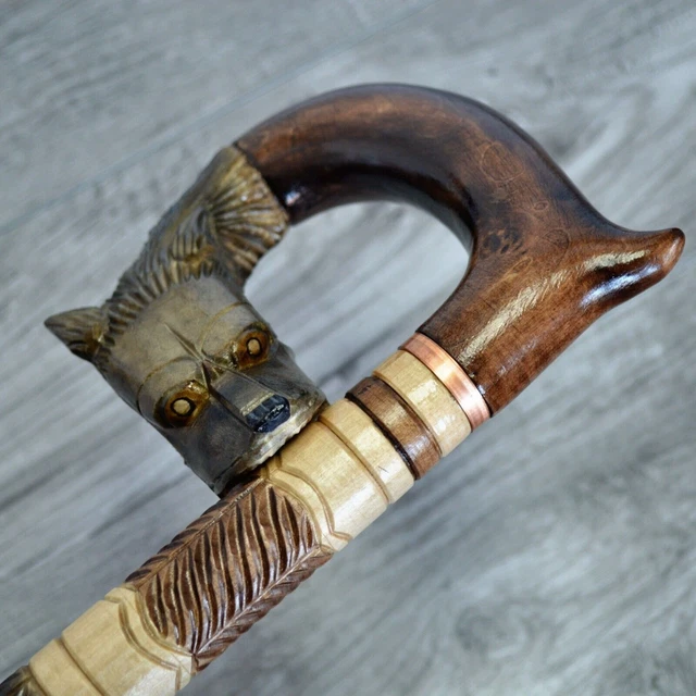Bastone da passeggio in canna Legno intagliato a mano - Lupo marrone /...