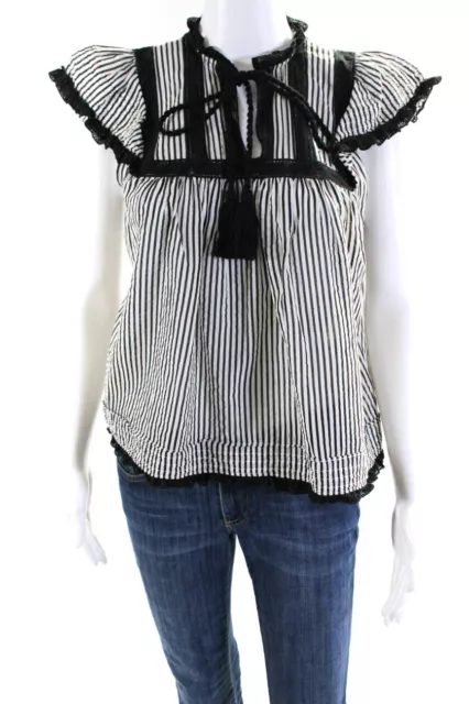 Love Sam Womens Cotton Striped Cap Sleeve Ruffled V-Neck Blouse White Size S