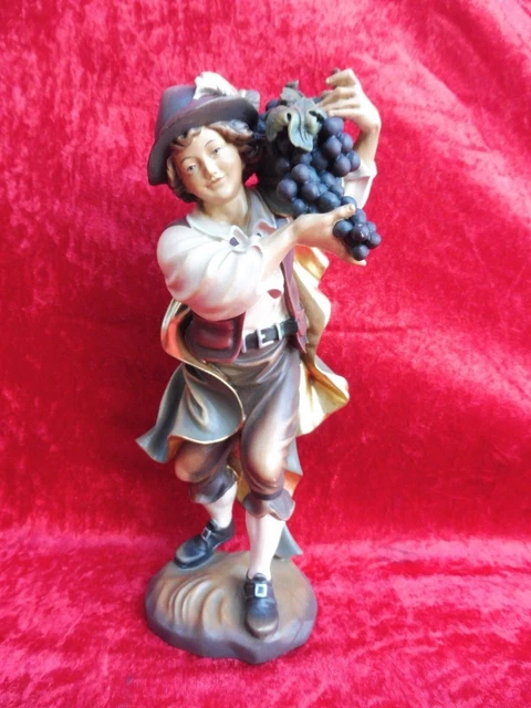 Figurine Putto Ange En Bois Sculpté Et Peint Avec Luth - 31 Cm