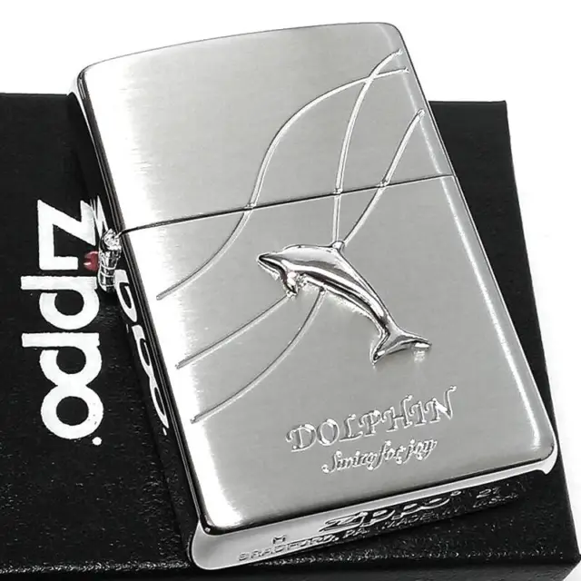 Zippo Oil Lighter Dolphin Metal Silver Brass Etching Regular Case Japan