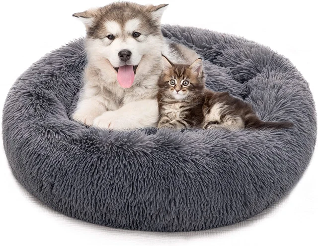 Soft Long Plush Pet Bed, Calming Self-Warming round Donut Cuddler, Fluffy Dog Ca