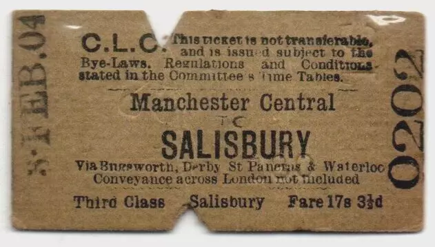 Cheshire Lines (CLC) Railway Ticket Manchester Central to Salisbury