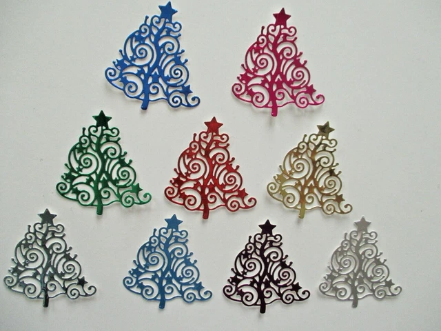 9 gestanzte helle metallische verzierte Weihnachtsbäume - Spiegelkarte