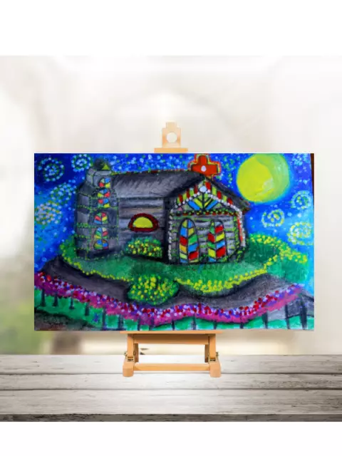 ACEO Art Original Print Country Church Landscape Van Gogh-Inspired Mini Artwork