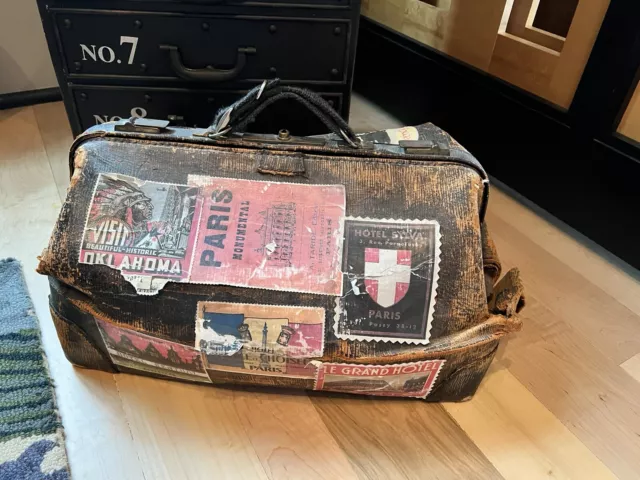 VTG  Leather Luggage Travel  Doctor's Bag - w/ travel stickers -display piece