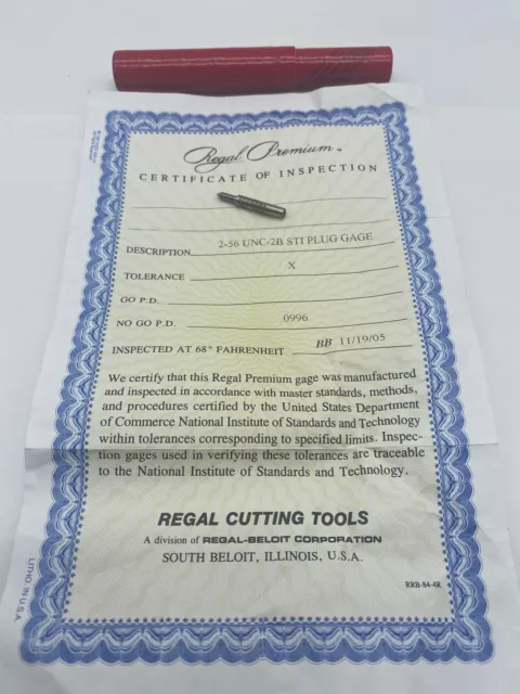 NEW Regal Cutting Tools 2-56 UNC-2B STI NoGo 0.0996 Thread Plug Gage