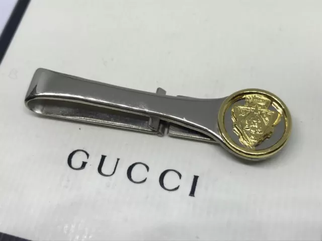 GUCCI Heart Crest Tie Clasp Clip Bar Pin Silver color × Gold plate plated Italy 3