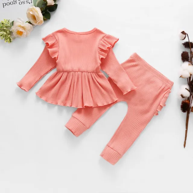Toddler Baby Girls Kids Clothes Ruffle Ribbed Long Sleeve Tops+Pants Set Outfits 6