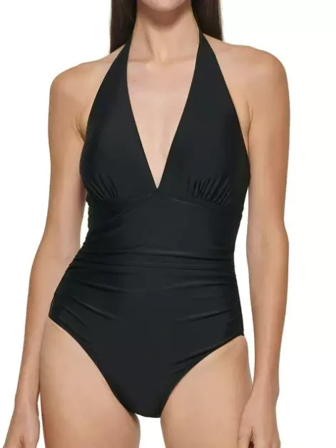 DKNY Women's Large Swimsuit One Piece Tummy Control Halter Neckline Bathing Suit