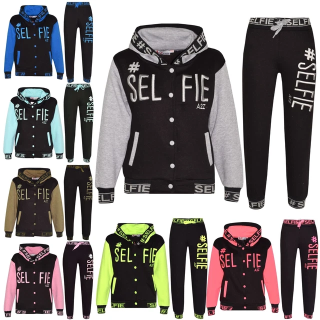 Kids Girls Boys Tracksuit Designer #Selfie Embroidered Top & Bottom Jogging Suit