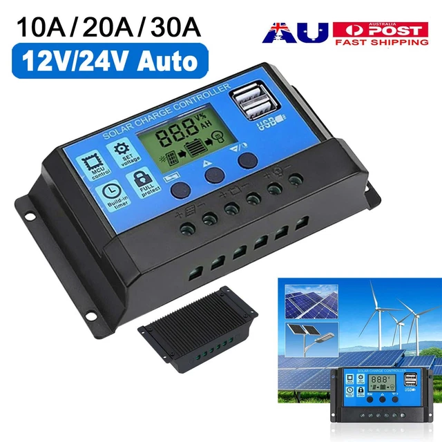 SOLAR PANEL CHARGE Controller Regulator 12V/24V auto dual USB 30A/20 ...